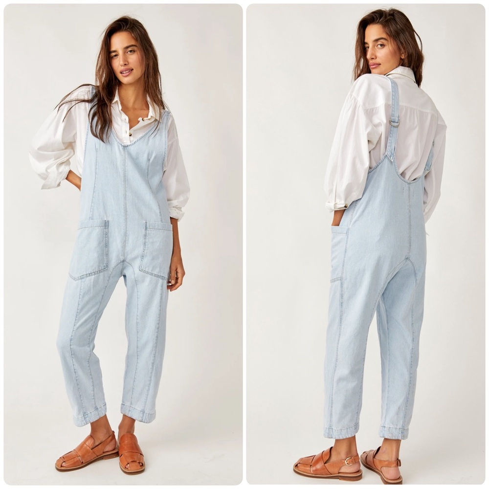 Free People Light Wash Denim Overalls Jumpsuit